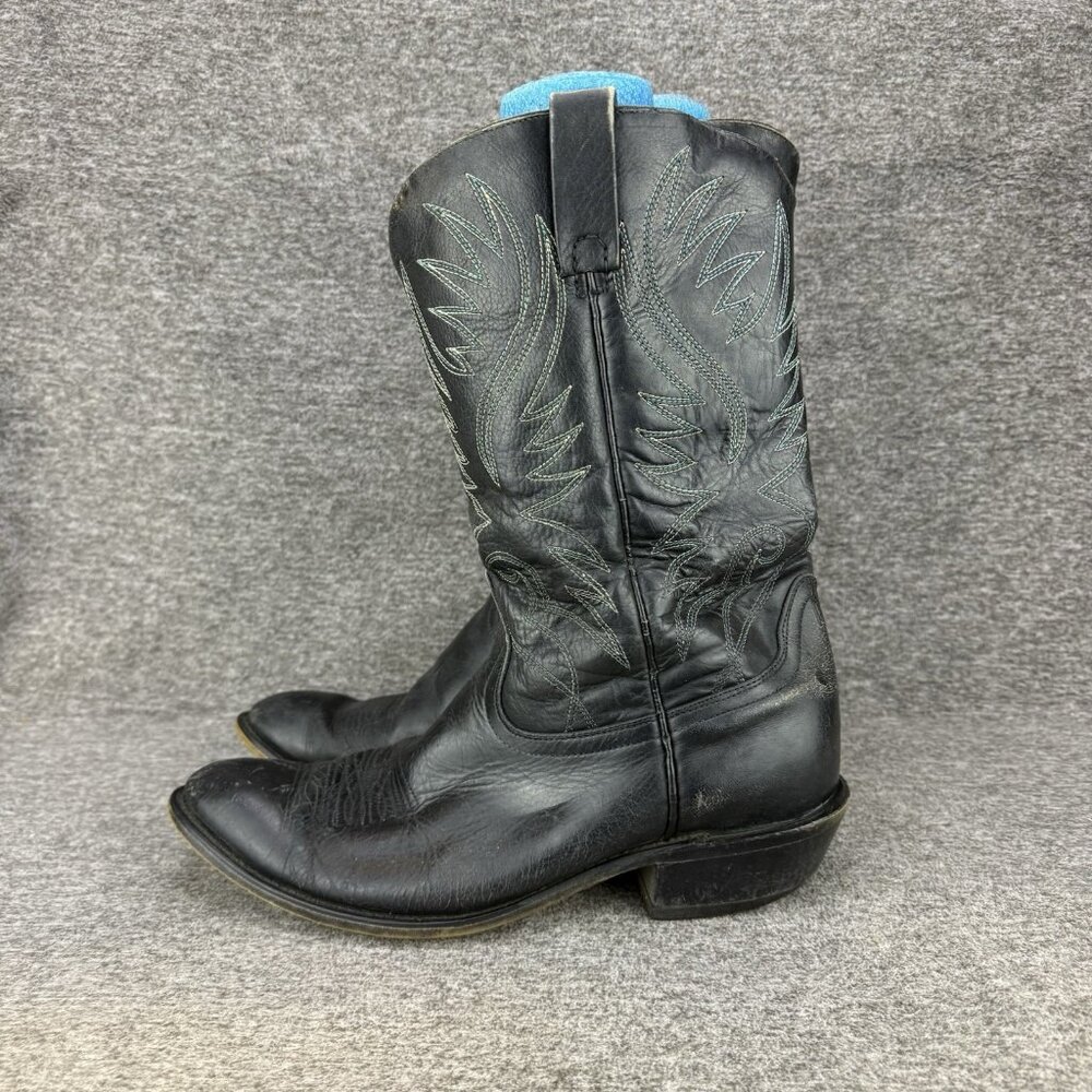 ✅Mens 10D Vintage Cowboy Boots Black Leather Almond Toe Embroidered Made In USA